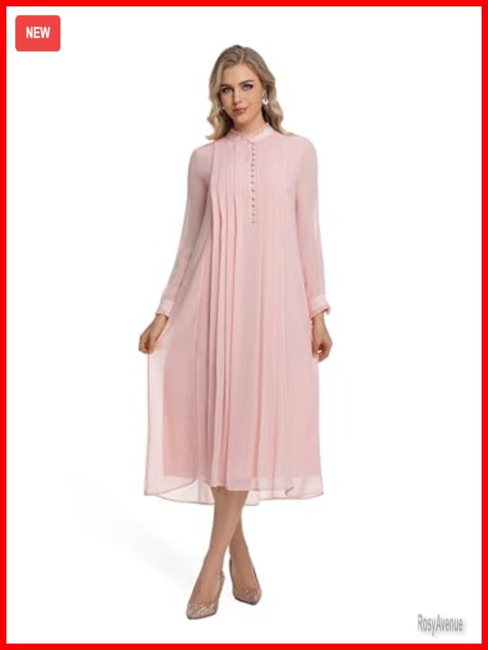 Chiffon Midi Dress with Belt Long Sleeve Pleated A-Line Business Casual Work